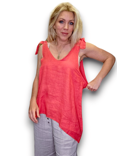 Helga May | Coral Bow Singlet Linen Top
