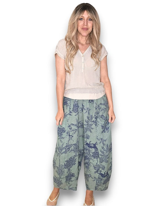 Helga May | Sage French Toille Barrel Linen Pants