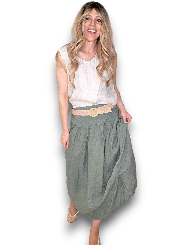 Helga May | Forest Midi Raffia Belt Linen Skirt