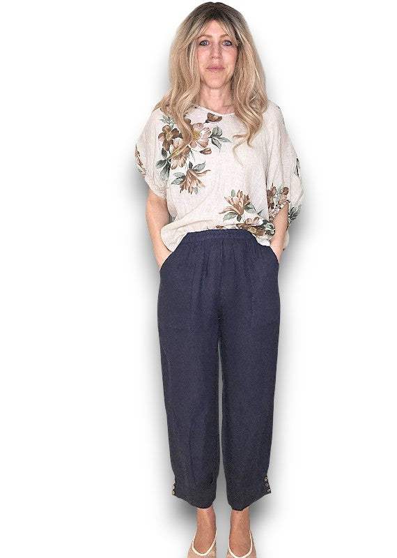 Helga May | Navy Mini Button Linen Pants