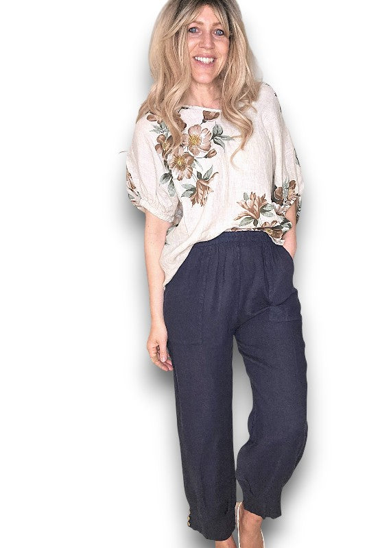 Helga May | Navy Mini Button Linen Pants