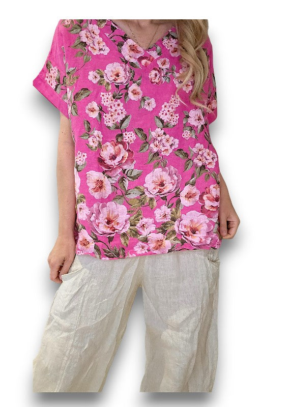 Helga May | Hot Pink Ruby Blossom Linen Top