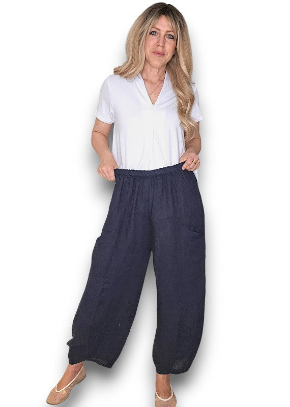 Helga May | Navy Barrel Linen Pants