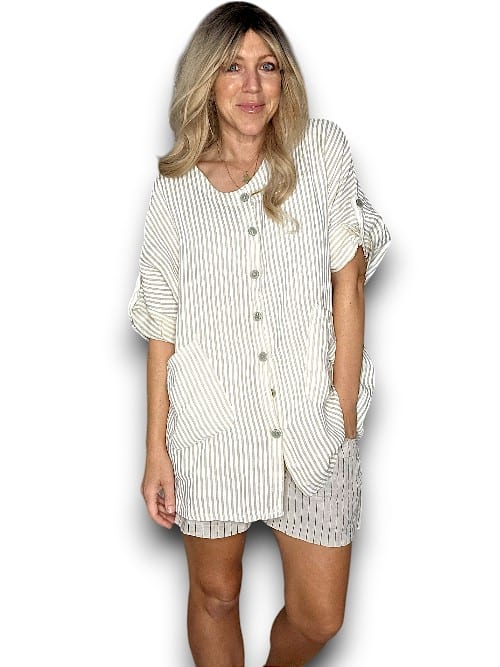Helga May | Beige Stripe Pearl Buttons Shirt
