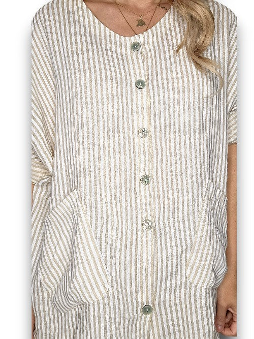 Helga May | Beige Stripe Pearl Buttons Shirt