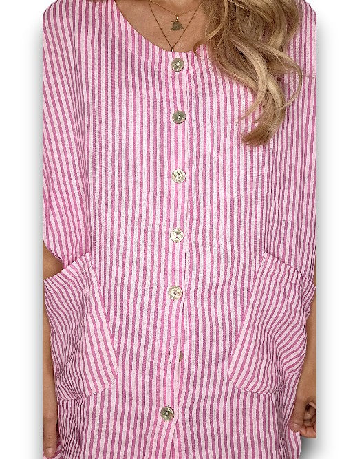 Helga May | Bubblegum Pink Stripe Pearl Buttons Shirt