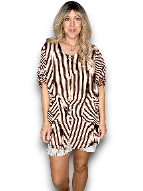 Helga May | Coffee Stripe Pearl Buttons Shirt