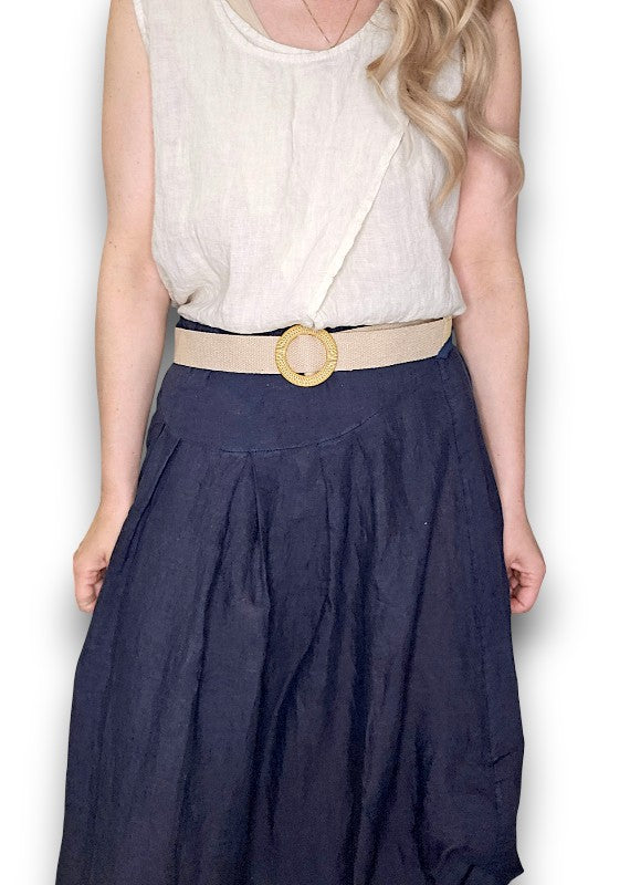 Helga May | Navy Midi Raffia Belt Linen Skirt