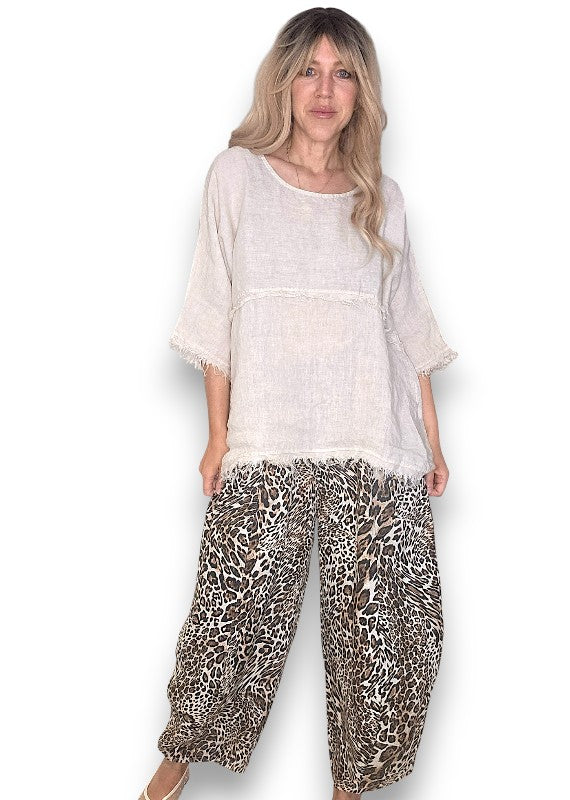 Helga May | Beige Leopard Barrel Linen Pants