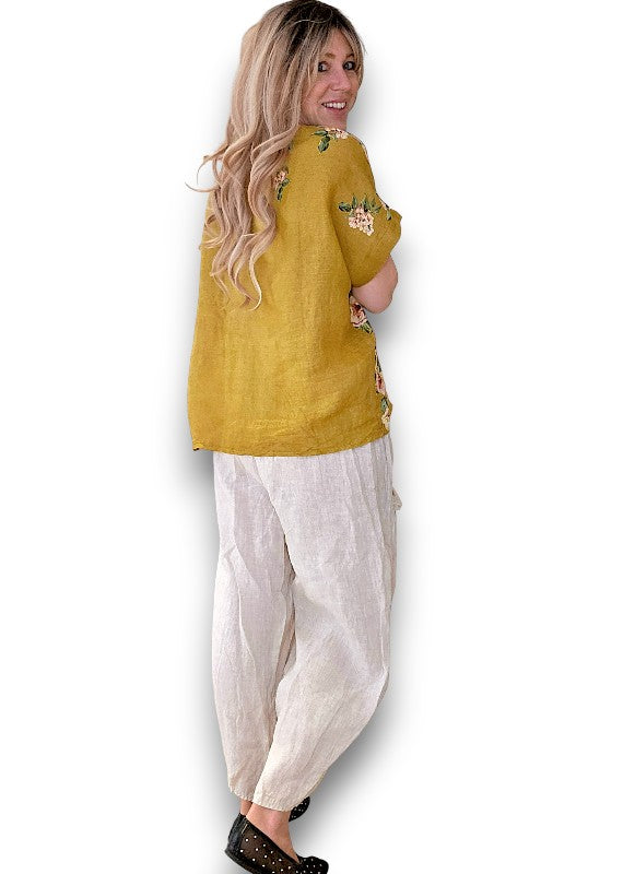 Helga May | Mustard Ruby Blossom Linen Top