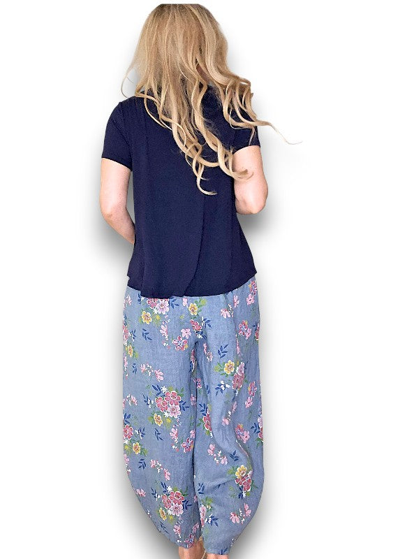 Helga May | Petrol Wild Daisy Barrel Linen Pants