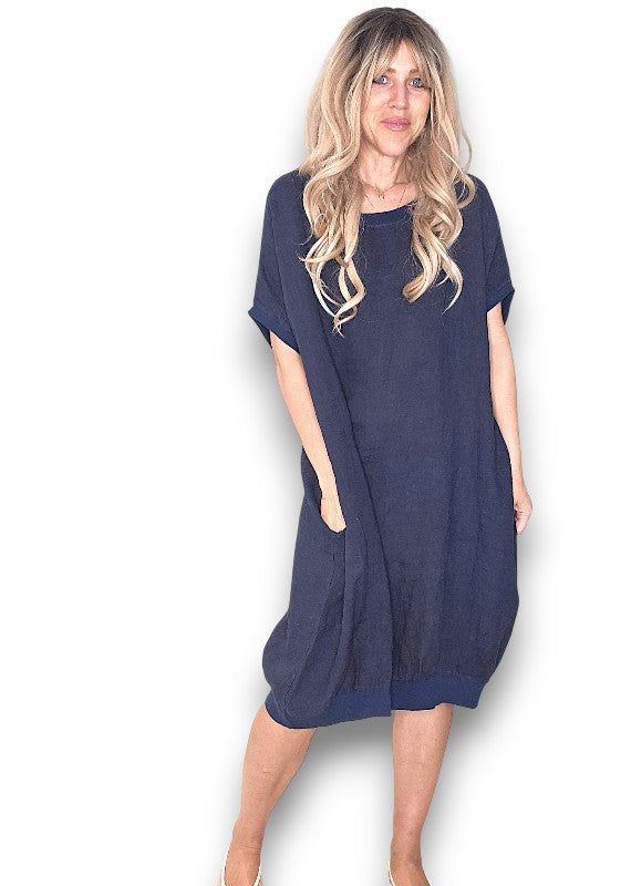 Helga May | Navy Plain Elastic Hem Dress