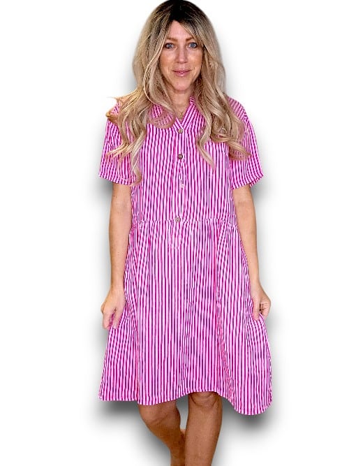 Helga May | Hot Pink Stripe Midi Coconut Button Dress