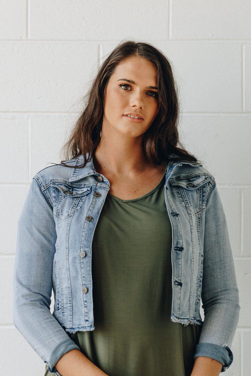 PQ Collection | Light Blue Frayed Denim Jacket