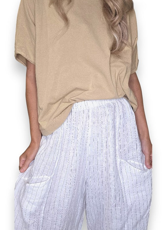 Helga May | White Pinstripe Barrel Linen Pants