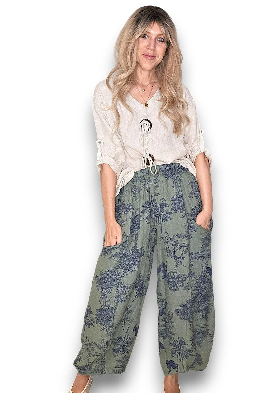 Helga May | Forest French Toille Barrel Linen Pants