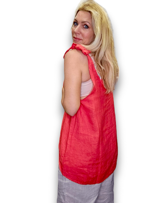 Helga May | Coral Bow Singlet Linen Top
