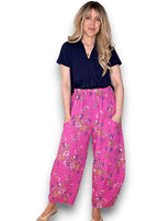 Helga May | Hot Pink Wild Daisy Barrel Linen Pants