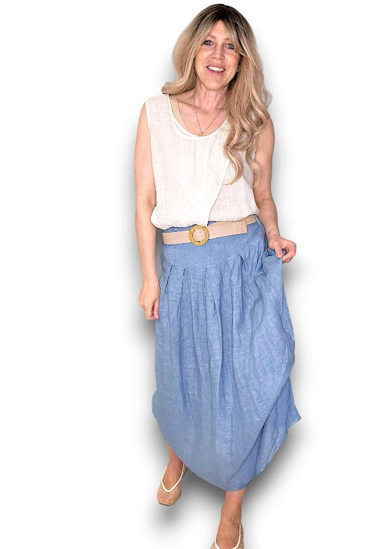 Helga May | Petrol Midi Raffia Belt Linen Skirt