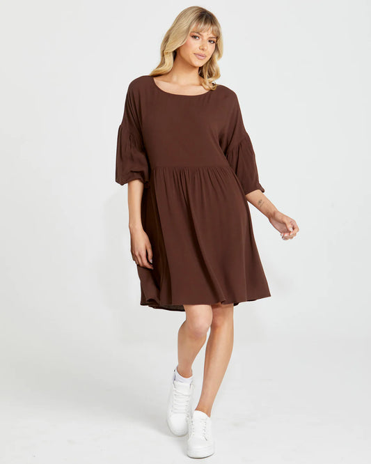 Sass | Chocolate - Yasmin Bubble Sleeve Mini Dress