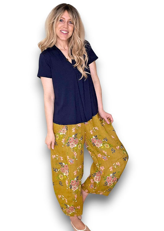 Helga May | Mustard Wild Daisy Barrel Linen Pants