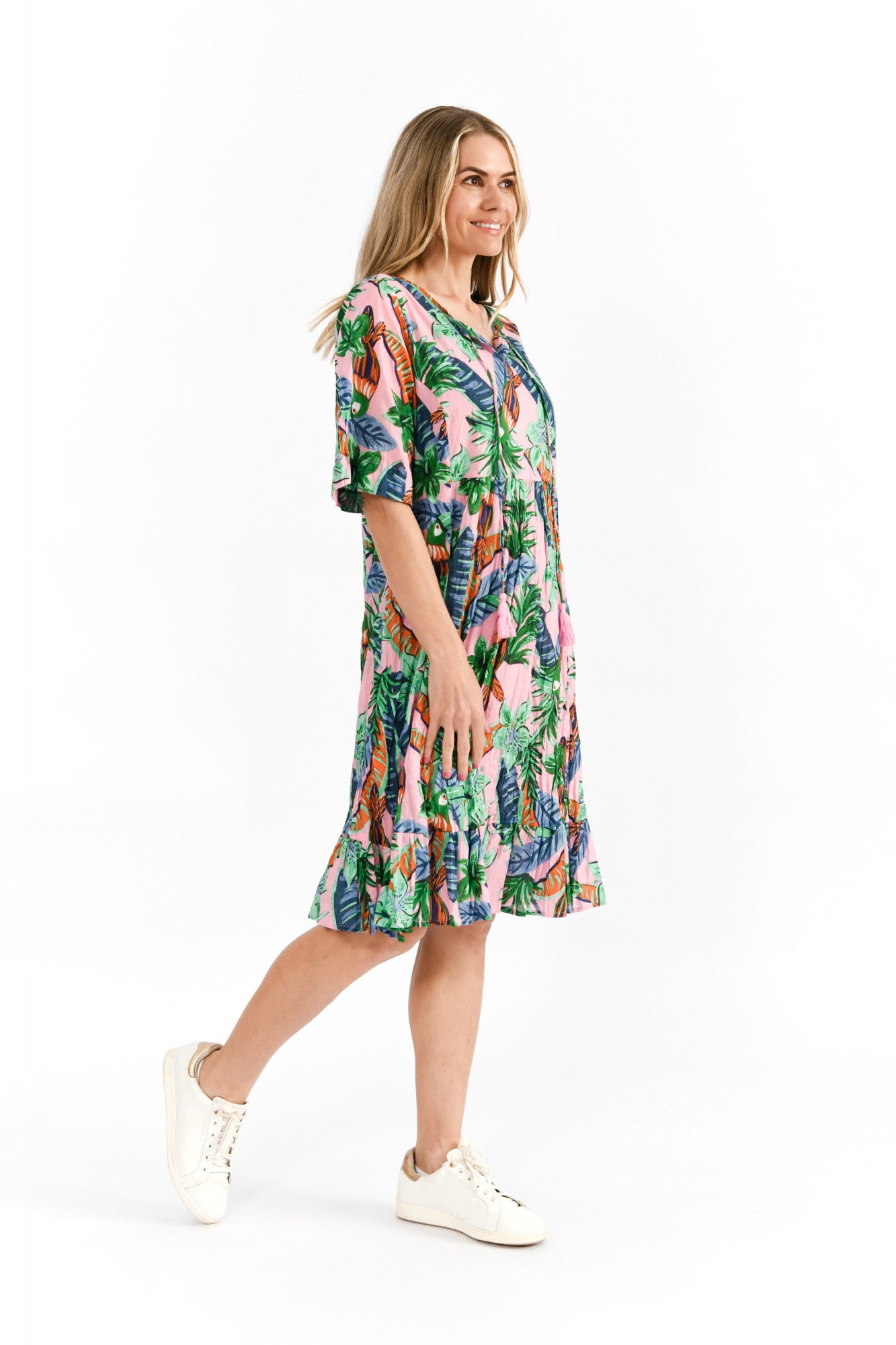 Orientique |Charli Tassel Tie Dress - Toucan Jungle Pink