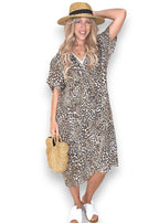 Helga May | Beige Leopard Front Knot V-Neck Dress