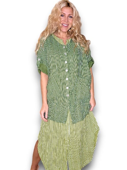 Helga May | Stripe Pearl Button Shirt - Ivy Green