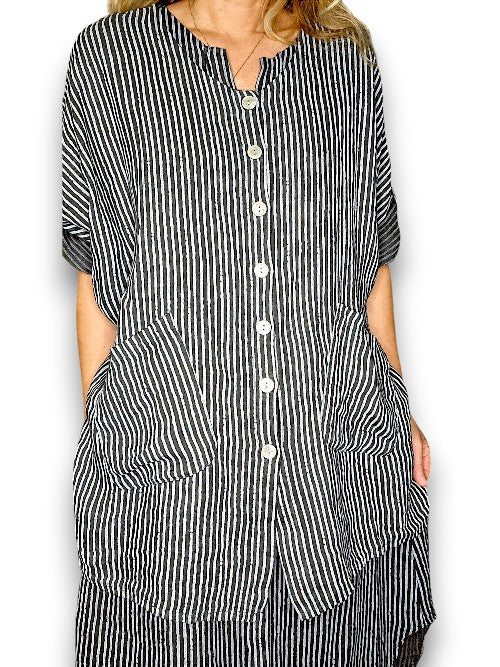 Helga May | Stripe Pearl Button Shirt - Charcoal