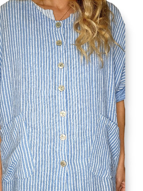 Helga May | Stripe Pearl Button Shirt - Sky Blue