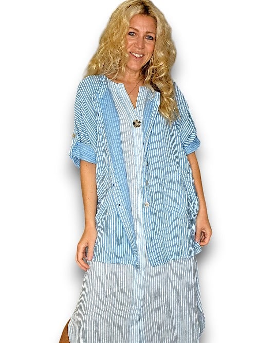 Helga May | Stripe Pearl Button Shirt - Sky Blue