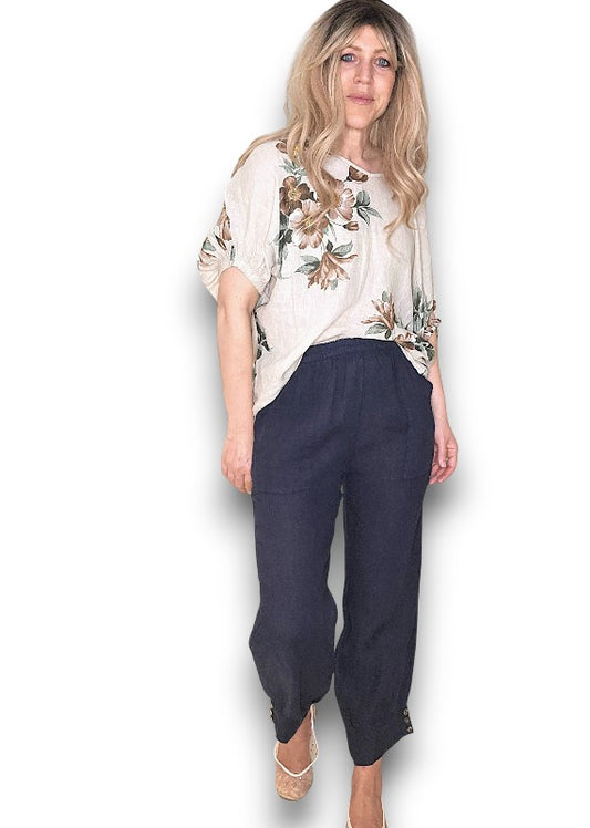 Helga May | Navy Mini Button Linen Pants