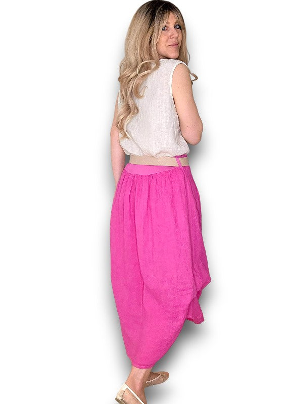 Helga May | Hot Pink Midi Raffia Belt Linen Skirt