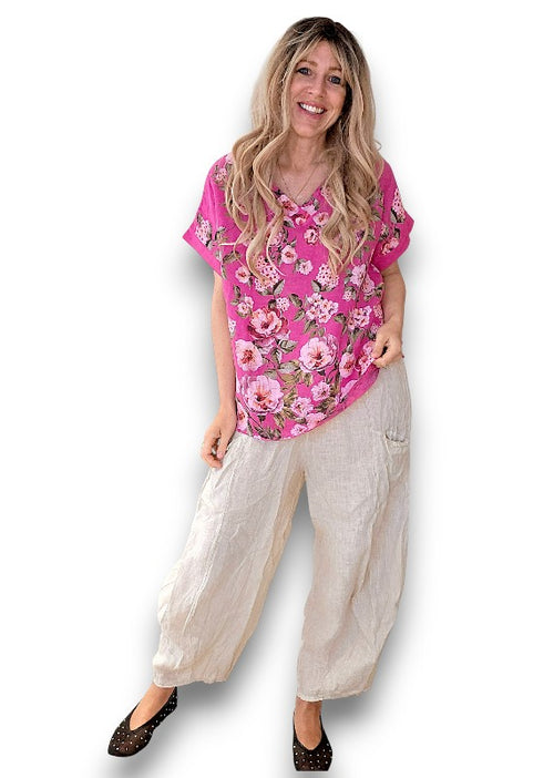Helga May | Hot Pink Ruby Blossom Linen Top
