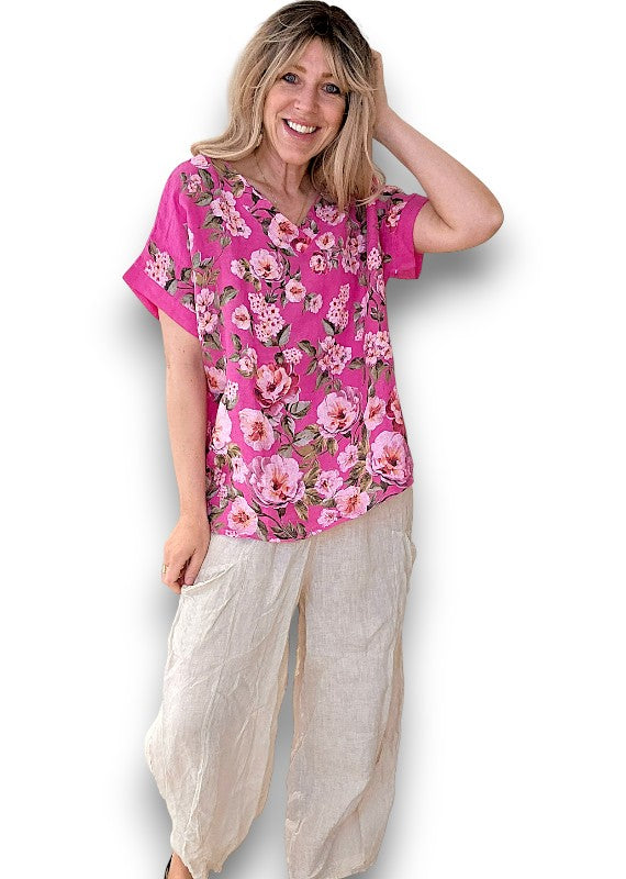 Helga May | Hot Pink Ruby Blossom Linen Top