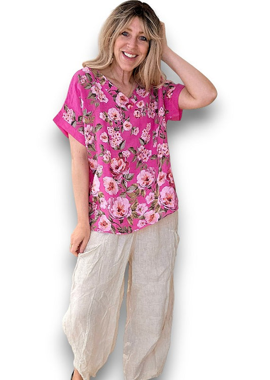Helga May | Hot Pink Ruby Blossom Linen Top