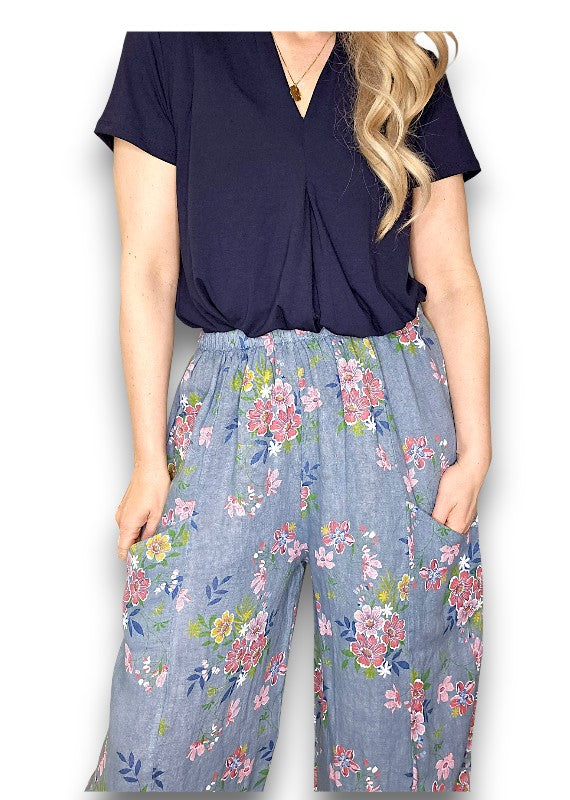 Helga May | Petrol Wild Daisy Barrel Linen Pants