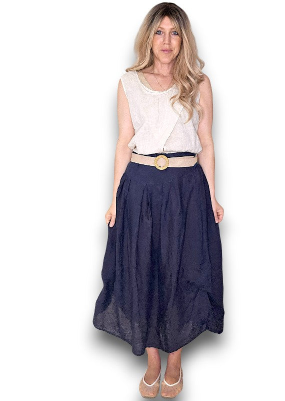 Helga May | Navy Midi Raffia Belt Linen Skirt