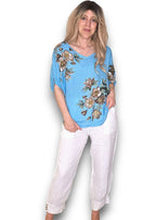 Helga May | Turquoise Spring Blossom Linen Top