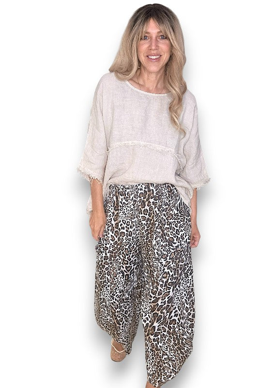 Helga May | White Leopard Barrel Linen Pants