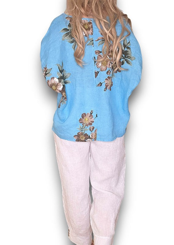 Helga May | Turquoise Spring Blossom Linen Top