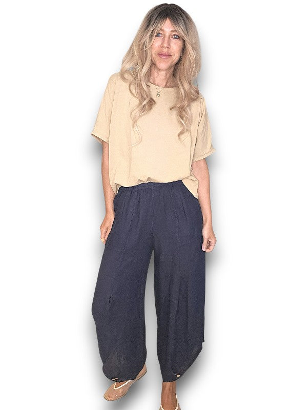 Helga May | Navy Mini Button Linen Pant