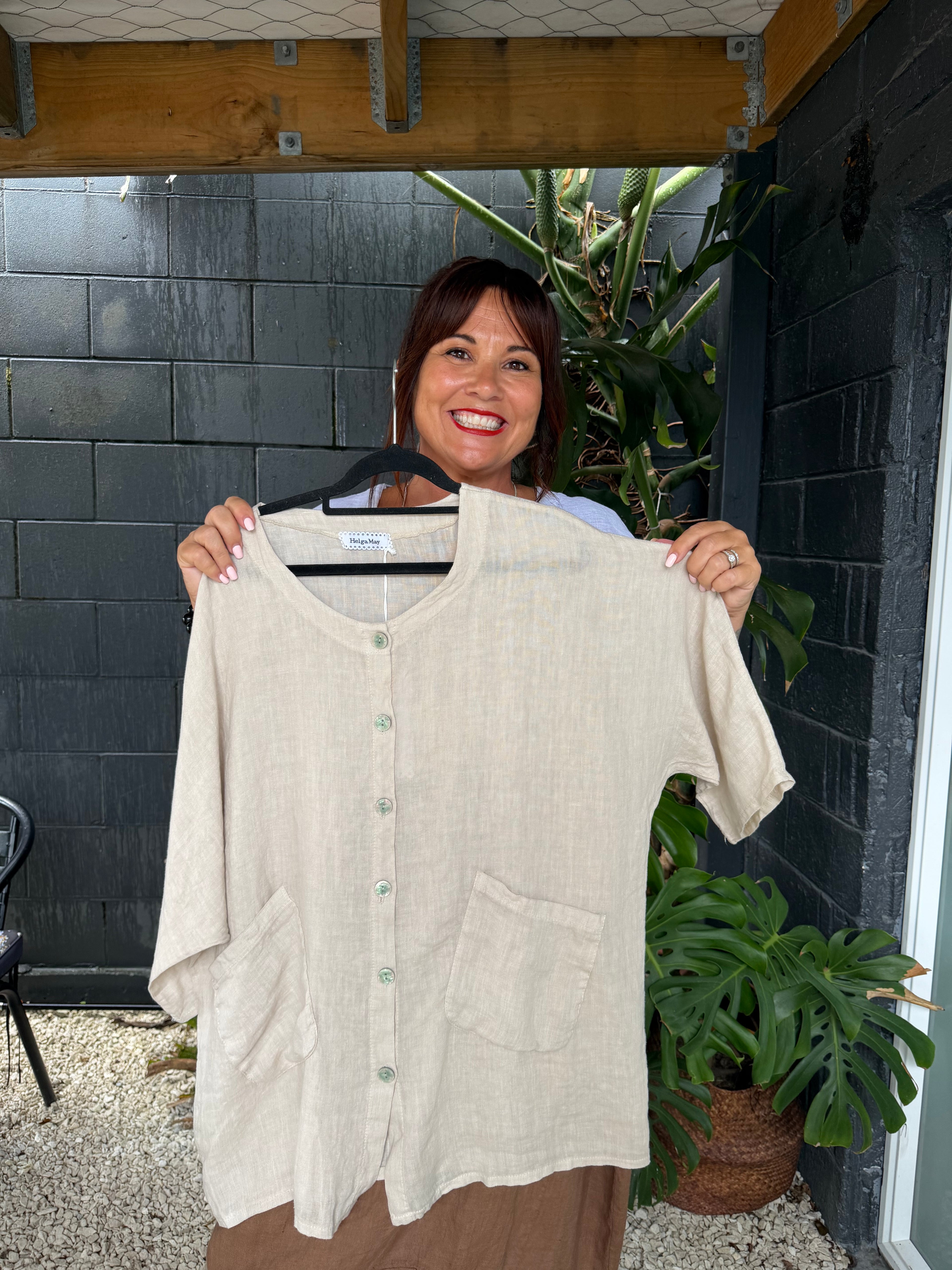 Helga May | Beige Pearl Button Top