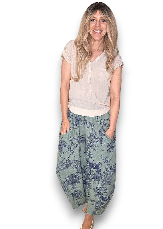 Helga May | Sage French Toille Barrel Linen Pants