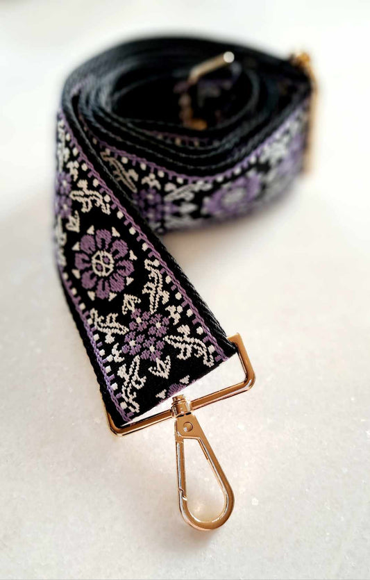 The Cottage Collection - Bag Strap - Black with Purple Design - Penny