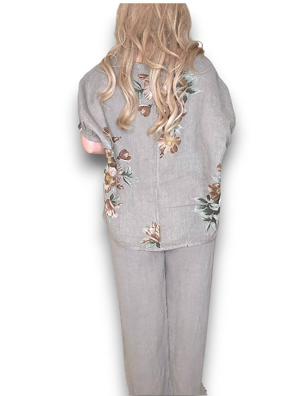 Helga May | Mocha Spring Blossom Linen Top