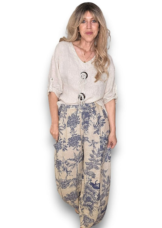 Helga May | Beige French Toille Barrel Linen Pants