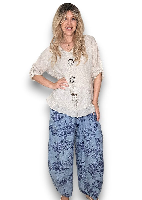 Helga May | Petrol French Toille Barrel Linen Pants