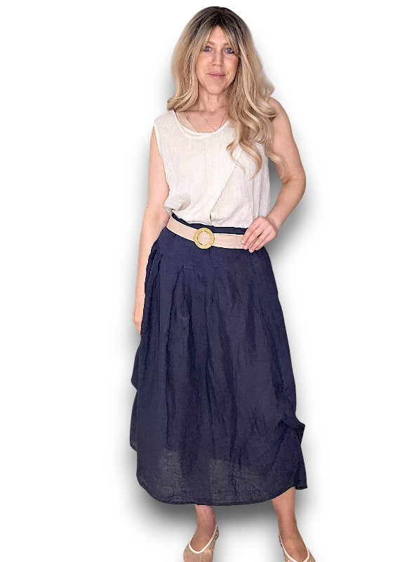Helga May | Navy Midi Raffia Belt Linen Skirt