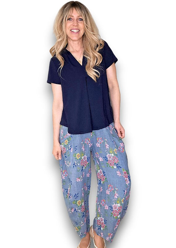 Helga May | Petrol Wild Daisy Barrel Linen Pants